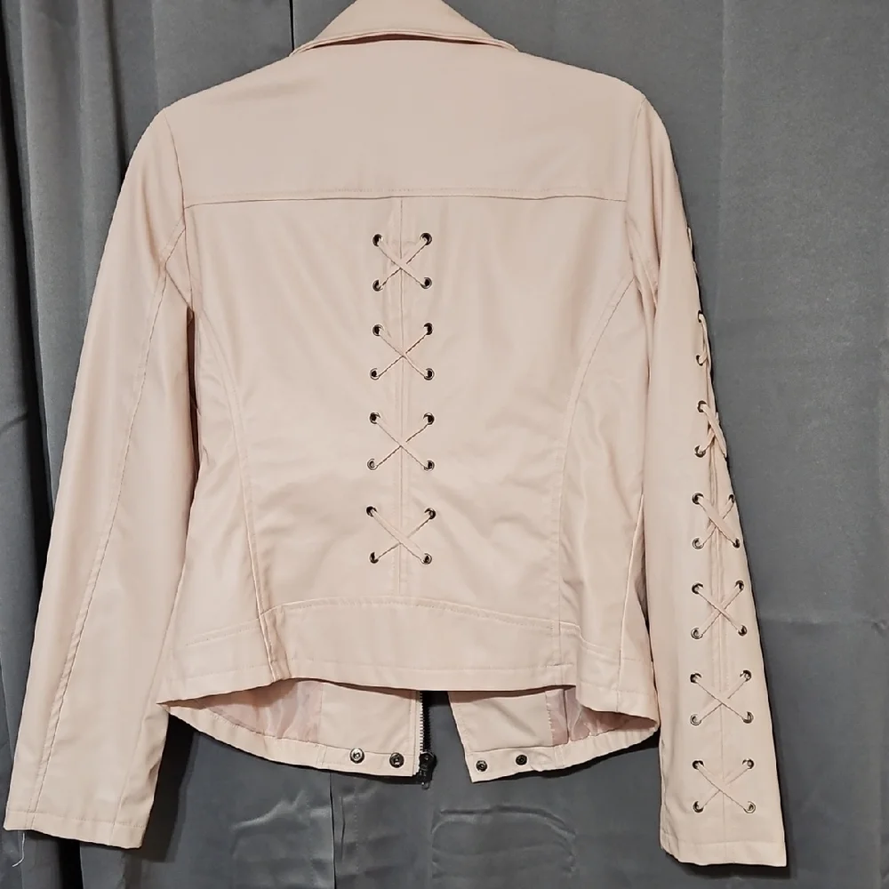 CoffeeShop Women's Blush Leather Jacket with Lace-Up Sleeves - Picture 3 of 3